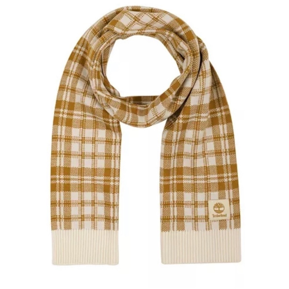 NWT Timberland Womenās Knit Scarf, Mustard Yellow and Cream Plaid